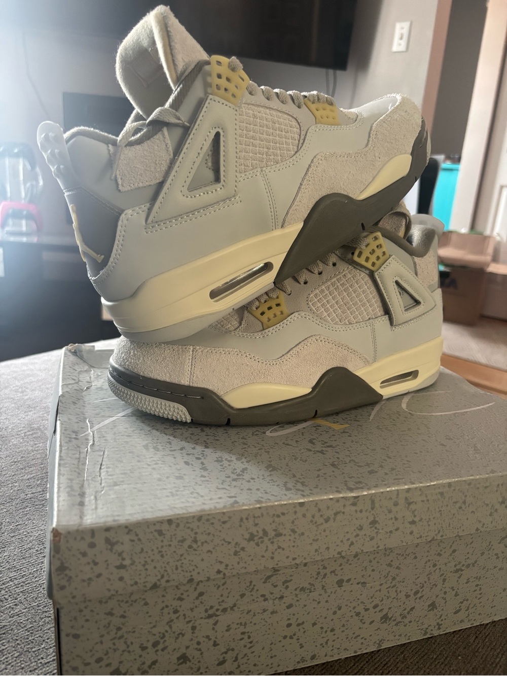 Jordan Retro High-Top Sneakers in Light Gray, Cream & Muted Yellow